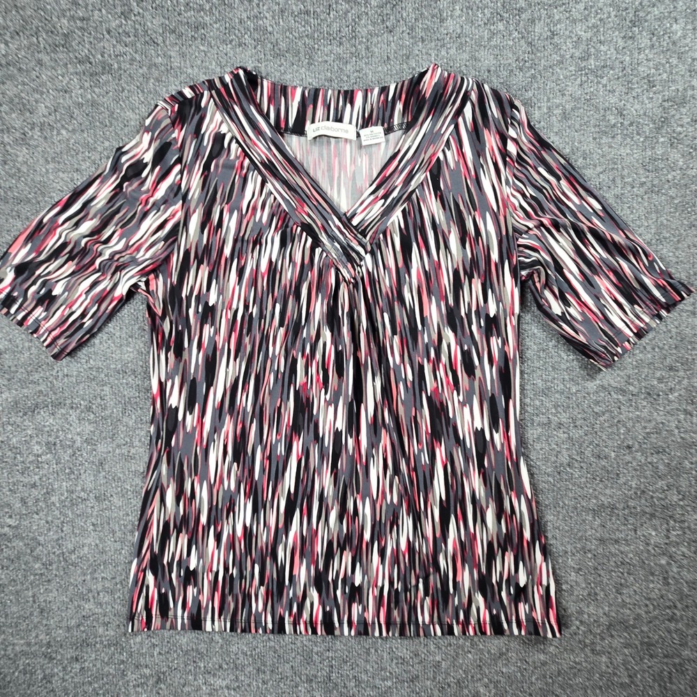 Liz Claiborne V-Neck Top Womens Medium Pink Black Abstract Blouse (T8)